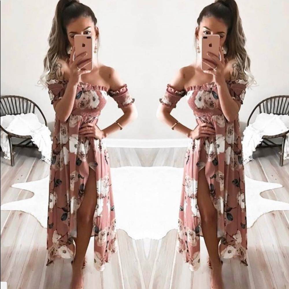Boho Floral Off Shoulder Maxi Dress Rose Pink